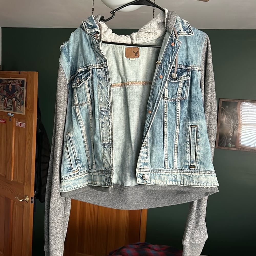 American Eagle Jean Jacket with Sweatshirt Hood and Sleeves